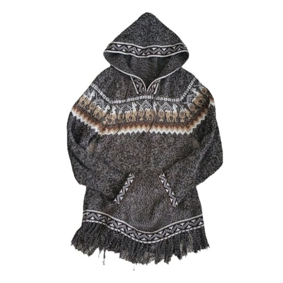 Peruvian Handmade Alpaca Hooded Sweater Ethnic Motifs Fringed Hem - Picture 4 of 9